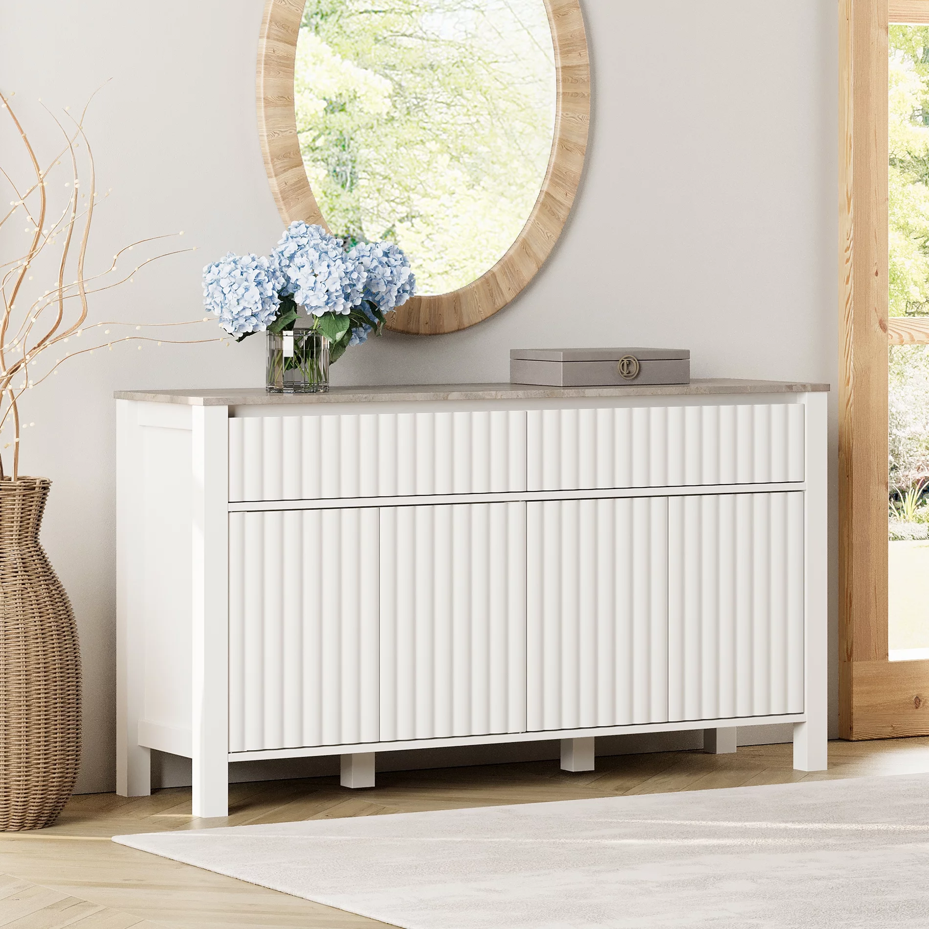 WAMPAT White Dresser for Bedroom, 57” Dresser with Fluted Doors and Solid Wood Legs, Modern Storage Chests of Drawers for Hallway, Entryway