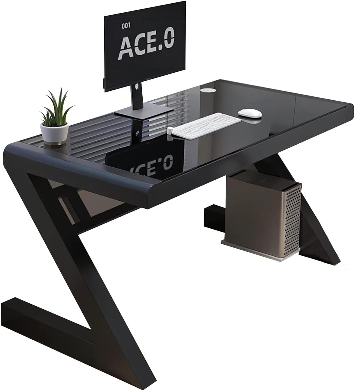 Modern Computer Desk Tempered Glass Large Office Desk with Threading Hole Storage Stand Study Writing Desk Easy to Install Computer Workstation for