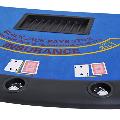 Soozier Poker Table Foldable, 72" Blackjack Table for 7 Players with Chip & Cup Holder, Blue Felt