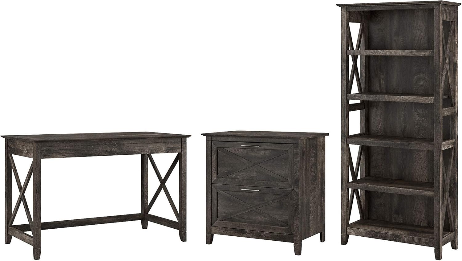 Bush Furniture Key West Writing Desk with 2 Drawer Lateral File Cabinet and 5 Shelf Bookcase, 48W, Dark Gray Hickory