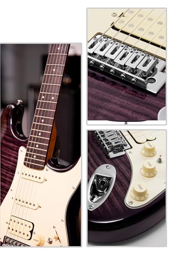 AKLOT Stryde Electric Guitar with Coil-Split: Roasted Maple Neck, Flame Maple Graphic Top, HSS Ceramic Pickups, Beginner Guitar Kit with 10W Amp