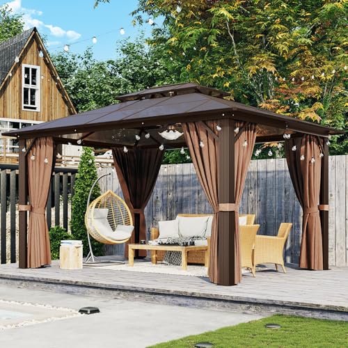 Aoxun 12'x10' Hardtop Gazebo, Aluminum Frame Permanent Pavilion with Curtains and Netting, Outdoor Polycarbonate Double Roof Canopy