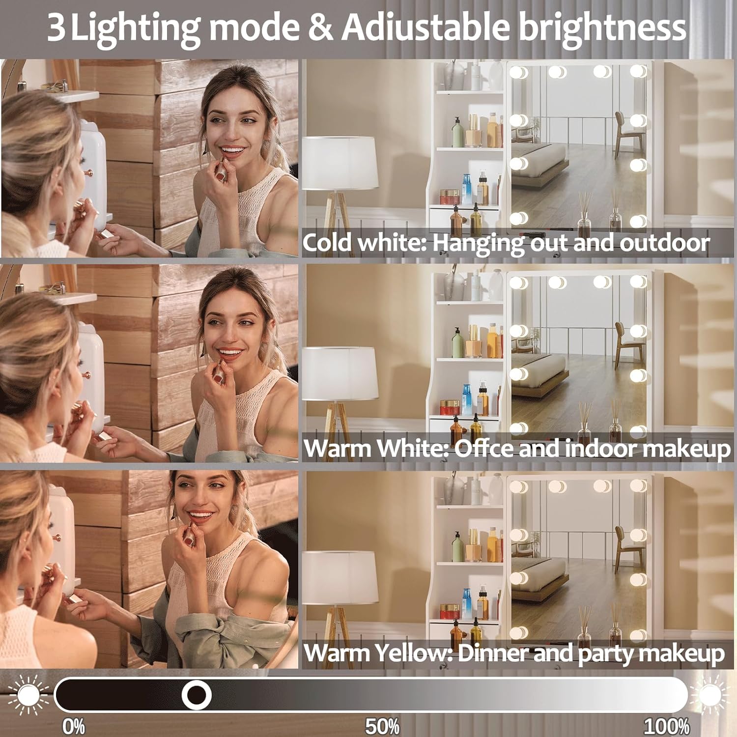 Makeup Vanity Set with 6 Drawers and Lighted Mirror, Multifunctional Table Vanity with 6 Cabinets and Brightness Adjustable