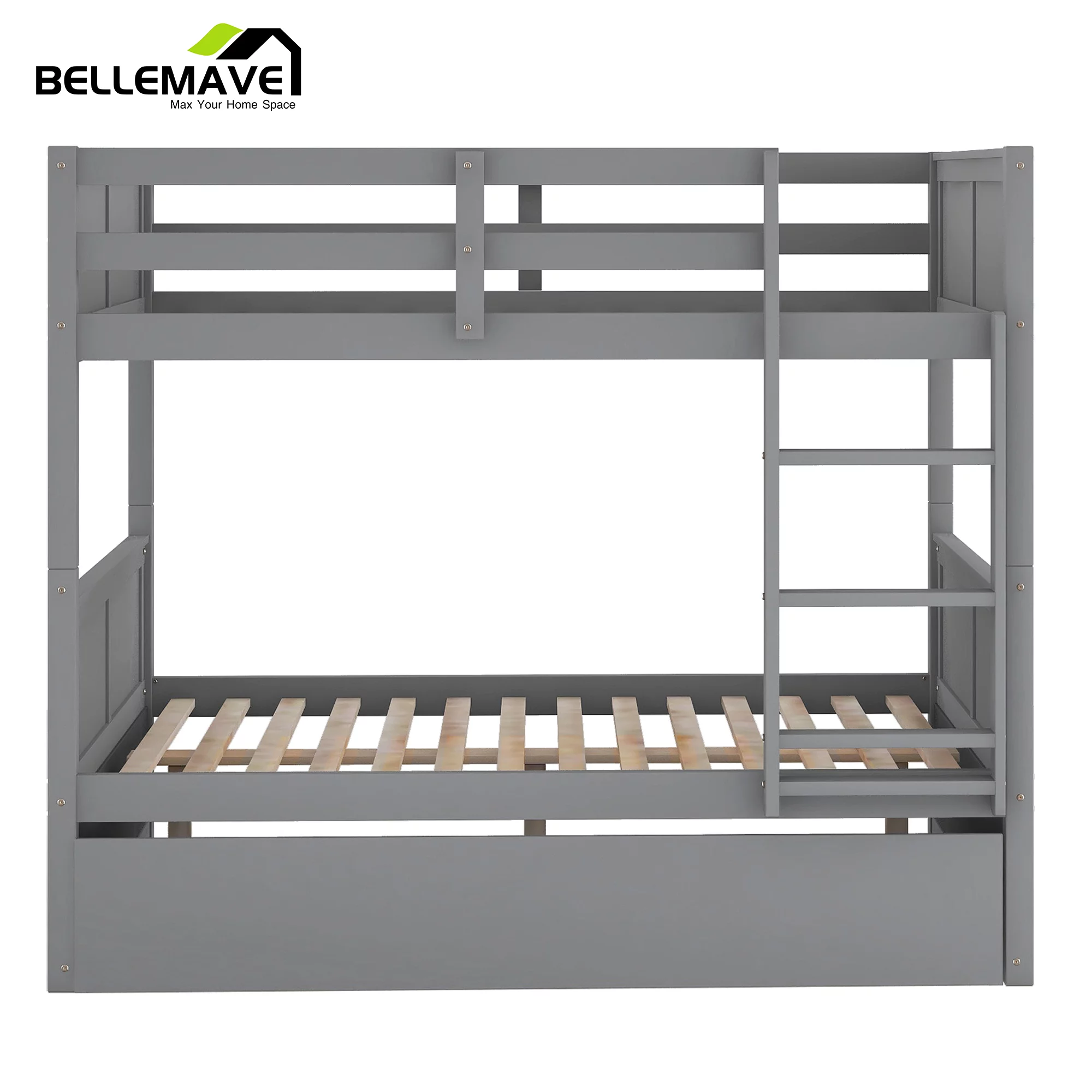 BELLEMAVE Full Over Full Bunk Bed, Wood Bunk Bed Frame with Twin Trundle, Fence Shaped Guardrails, Ladder, Headboard, Convertible into 2 Bed