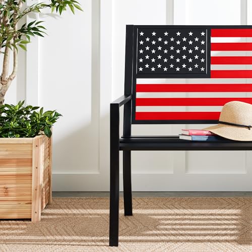 Best Choice Products Outdoor Bench 2-Person Steel Indoor/Outdoor Bench for Garden, Patio, Porch, Entryway w/American Flag, 790lb Capacity – Black