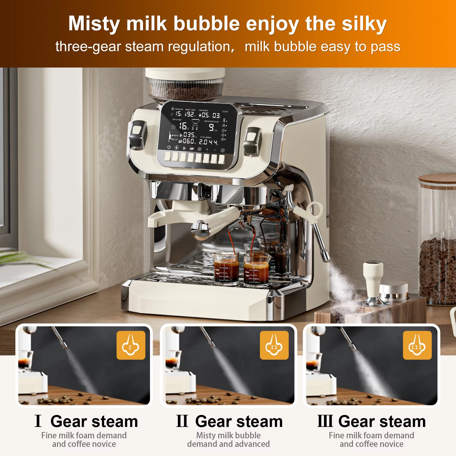 Mcilpoog Espresso Machine with Milk Frother，Semi Automatic Coffee Machine with Grinder,Easy To Use Espresso Coffee Maker with 6 inch Large Screen