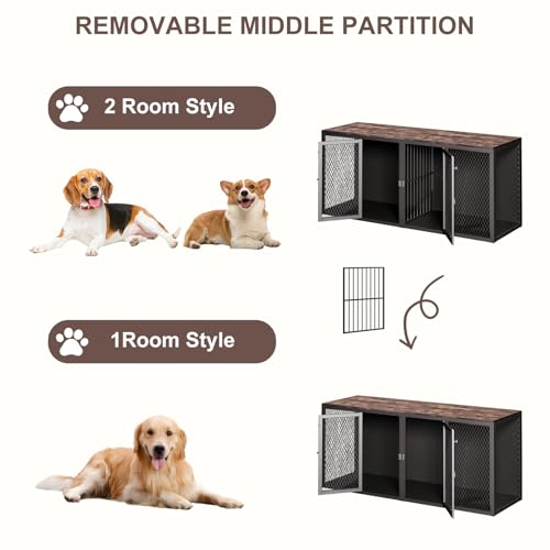 71 Inch Dog Crate Furniture for 2 Dogs, XXL Double Cage with Removable Divider & Large Doors, Heavy Duty Wooden Dog Kennel, Indoor Pet House (Black