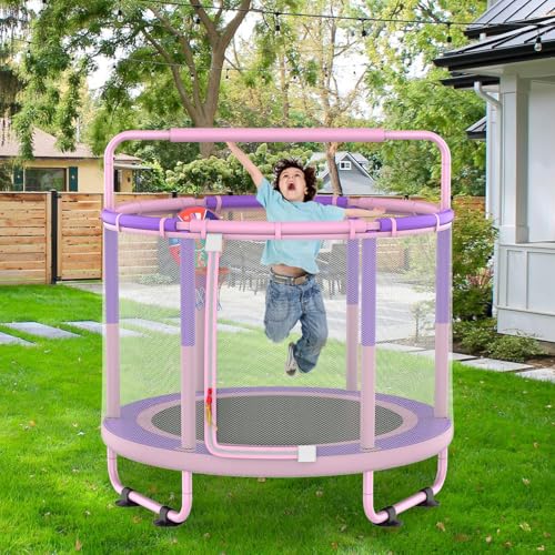 LANGXUN 60" Trampoline for Kids, 5ft Toddler Mini 6-in-1 Trampoline Indoor Outdoor with Swing, Basketball Hoop, Dart Board, Gymnastics Bar, Rings