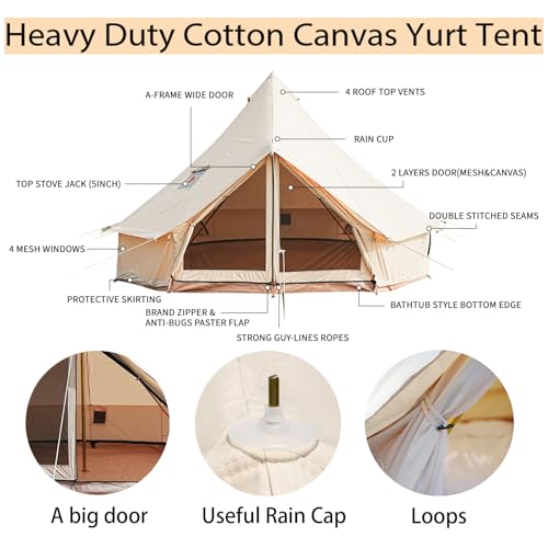 Bell Tent,4 Seasons Breathable 100% Cotton Canvas Yurt Tent - w/Stove Jack,Luxury Camping Tent Outdoor,Zipped Removable Floor
