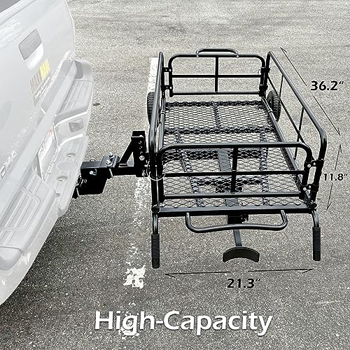 MaxxHaul 50243 Foldable Hitch N Roll Cargo Carrier Cart With Quick Detachable Basket Rack With 10 inch Flat Free Tires for Home Camp Travel Ranch SUV