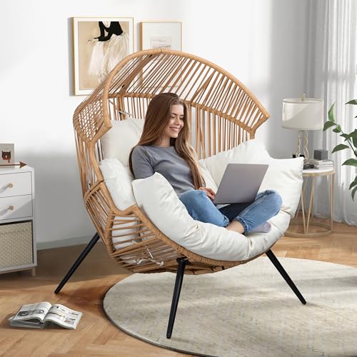 Shintenchi Wicker Egg Chair Outdoor Rattan Patio Chair with Cushion,Oversized Patio Lounge Chairs with Cushion Egg Basket Chair