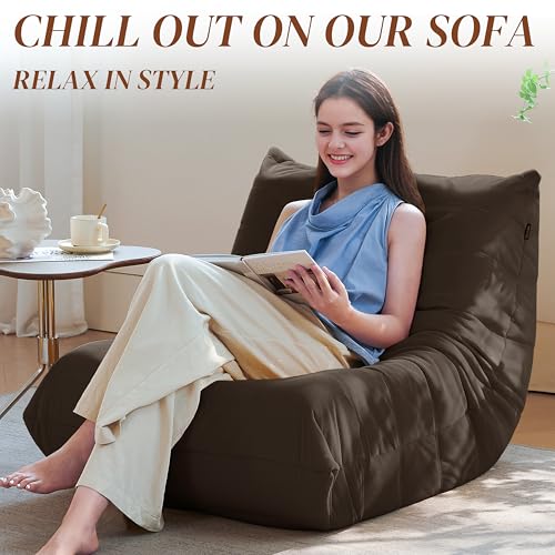 Bean Bag Chair for Adults - Suede & Microfiber Fireside Floor Chair, Comfortable Corner Lounge Sofa for Living Room, Bedroom, Office (3-Seater, Beige)