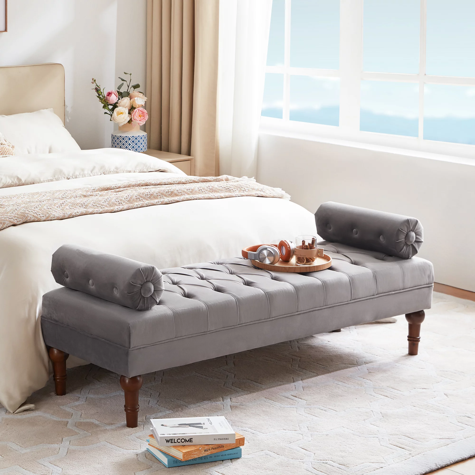 HUIMO 60.2 Inch End of Bed Bench with 2 Pillows Rolled Armed Ottoman Bench, Button Tufted Upholstered Bench Footrest Stool for Entryway