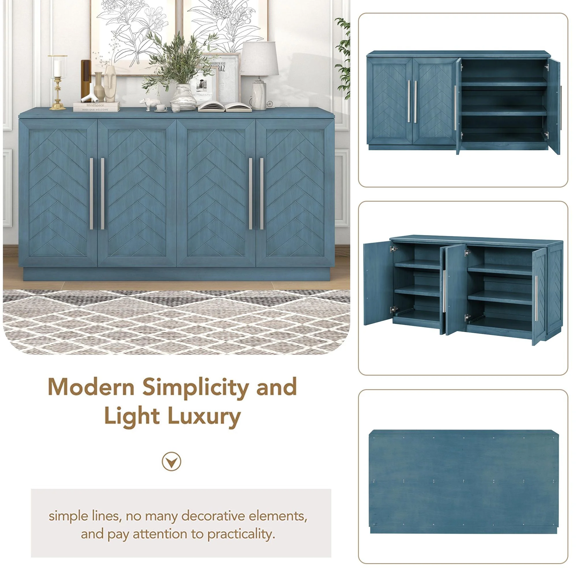 Blue Buffet Cabinet, FURNINEST Accent Cabinet with 4 Doors, Farmhouse Buffet Cabinet with Adjustable Shelves