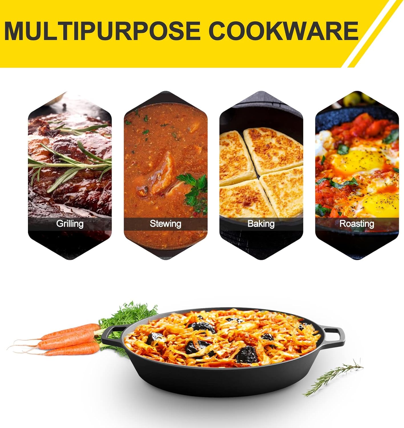 Pre-Seasoned Cast Iron Skillet ,Seasoned Large 15 Dual Handle Frying Pan, Cast Iron Pan for Bread, Baking,Pizza, Indoor / Outdoor Cooking, Camping