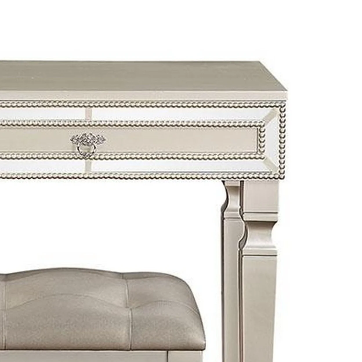 Sosi 47 Inch Vanity Desk Set Padded Stool Mirror Inlaid Drawers Silver