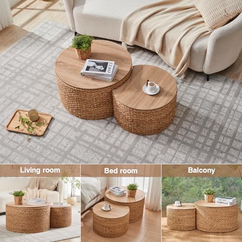 Round Nesting Coffee Table Set of 2 with Storage - Handwoven Wicker Rattan Ottoman Style, Boho Coastal Coffee Tables for Living Room