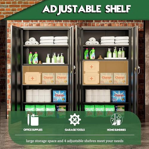 Greenvelly Metal Storage Cabinet, 72" Black Locking Metal Garage Storage Cabinet with Doors and 4 Adjustable Shelves