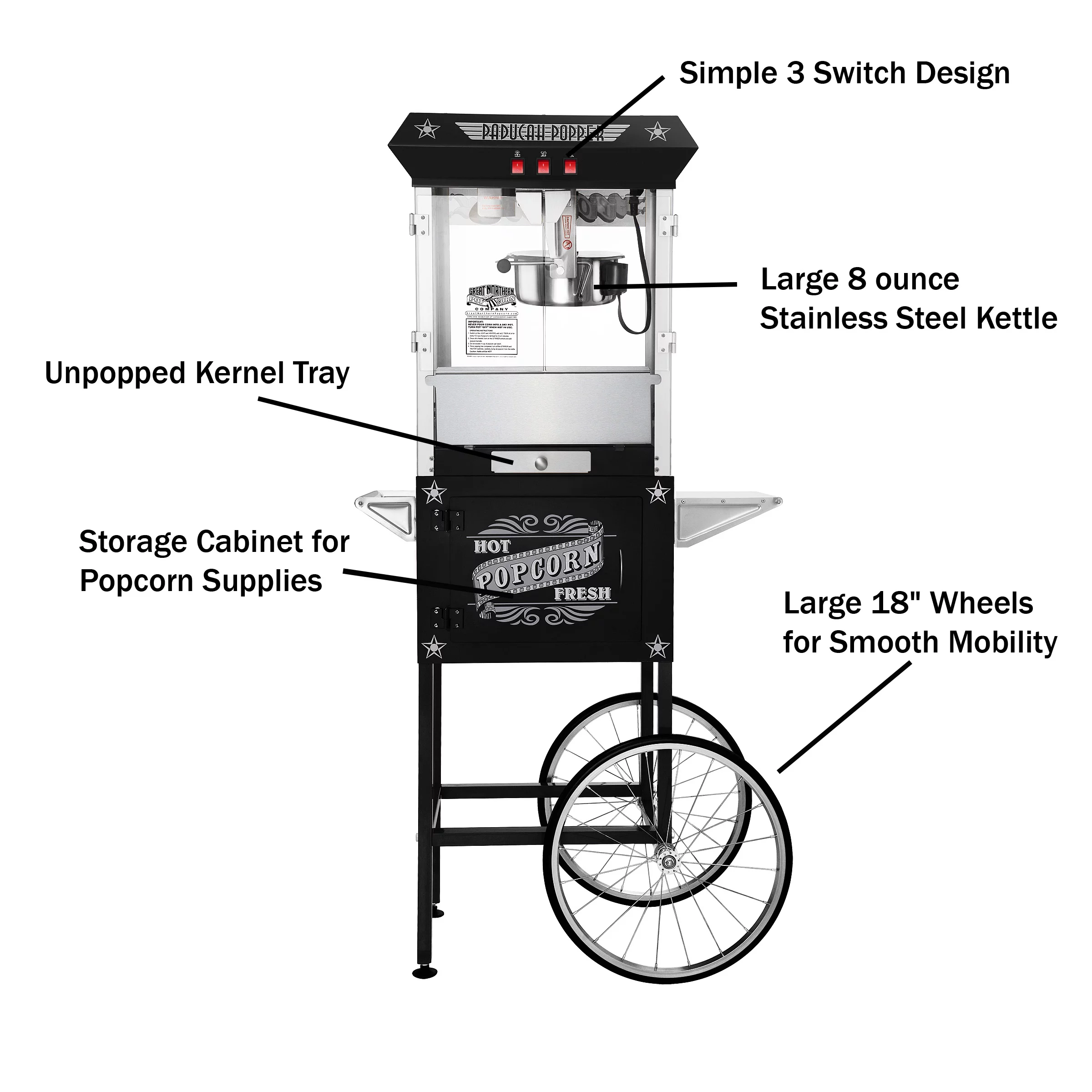 Great Northern Popcorn Black Antique Style 8oz Popcorn Popper Machine with Cart, 8 Ounce