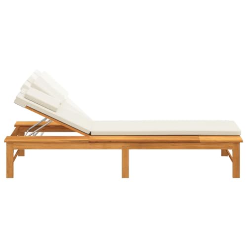 Sun Lounger with Cream White Cushion and Pillow Solid Wood Acacia,Acacia Wood Sun Lounger with Adjustable Backrest for Patio and Garden Relaxation