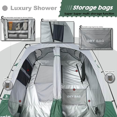 Camping Shower Tent Deluxe Changing Room Easy Set Up Privacy Shelter,Large Toilet Tent 2 Rooms with Floor Drain Design for Beach, Camping