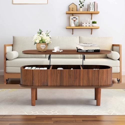 Fluted Lift Top Coffee Table with Hidden Compartment, Fully Assembled Wooden Center Table, Modern Oval Lift Tabletop for Home Living Room Office