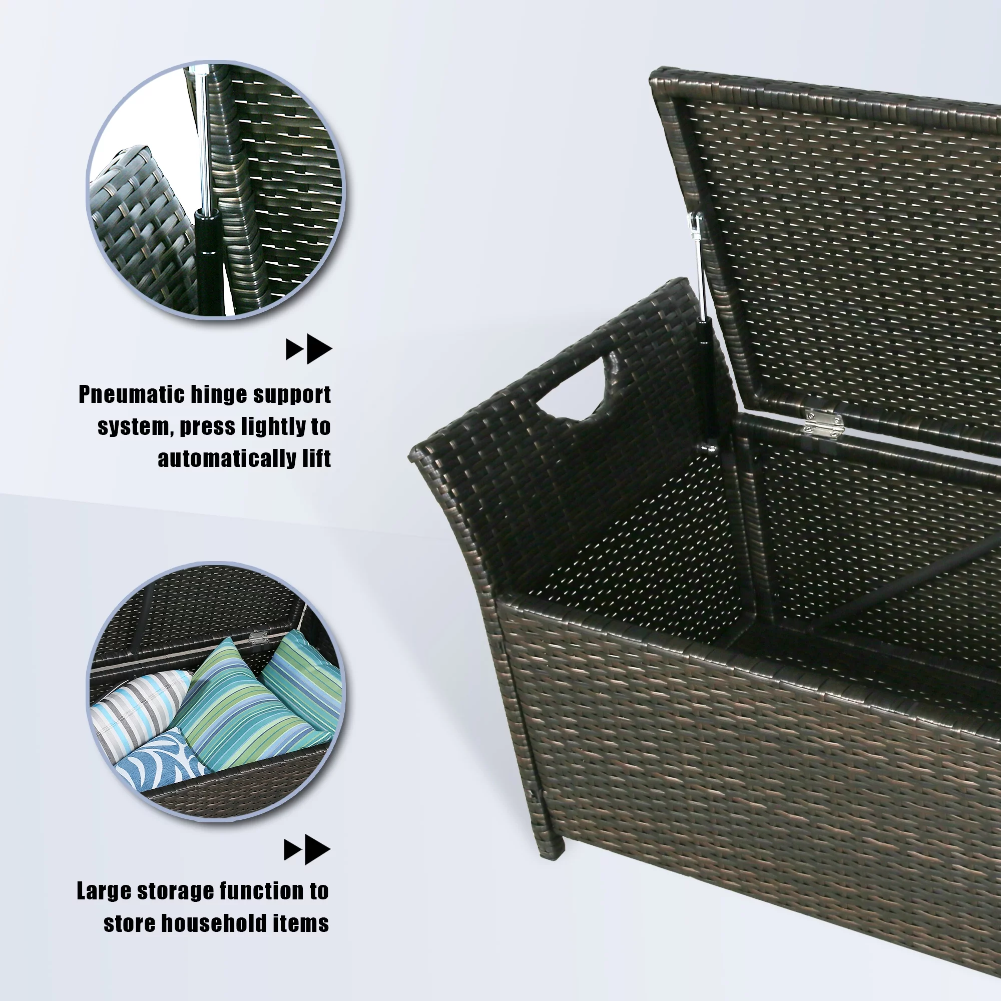 Ulax Furniture 27.6 Gallon Patio Wicker Storage Box, Outdoor Rattan Storage Bench Deck Bin with Cushion and Hydraulic Hinge Lid (Rust Red)