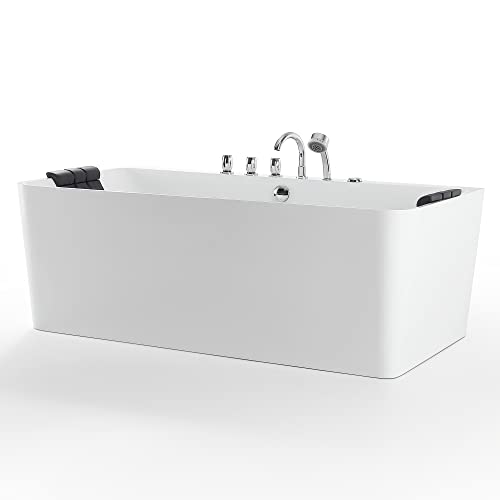 Empava 59-Inch Freestanding Whirlpool Bathtub Rectangular with 8 Hydromassage Adjustable Water Jets Luxury Acrylic Massage SPA Soaking Bath Tub