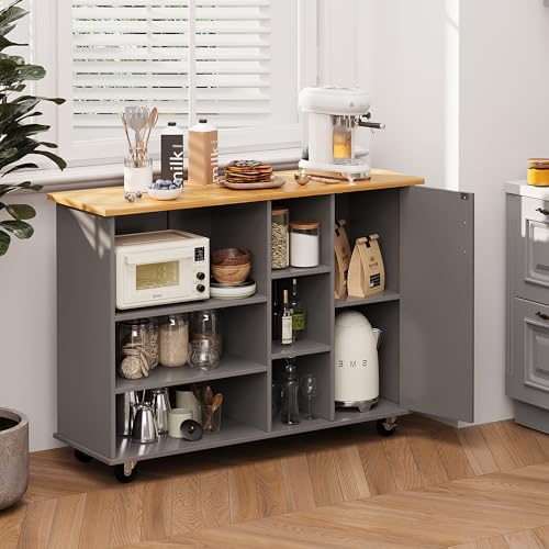 Shintenchi Rolling Kitchen Island Cart with Folding Drop Leaf Breakfast Bar, Portable Trolley Island with Large Storage Cabinet, Shelf and Drawer