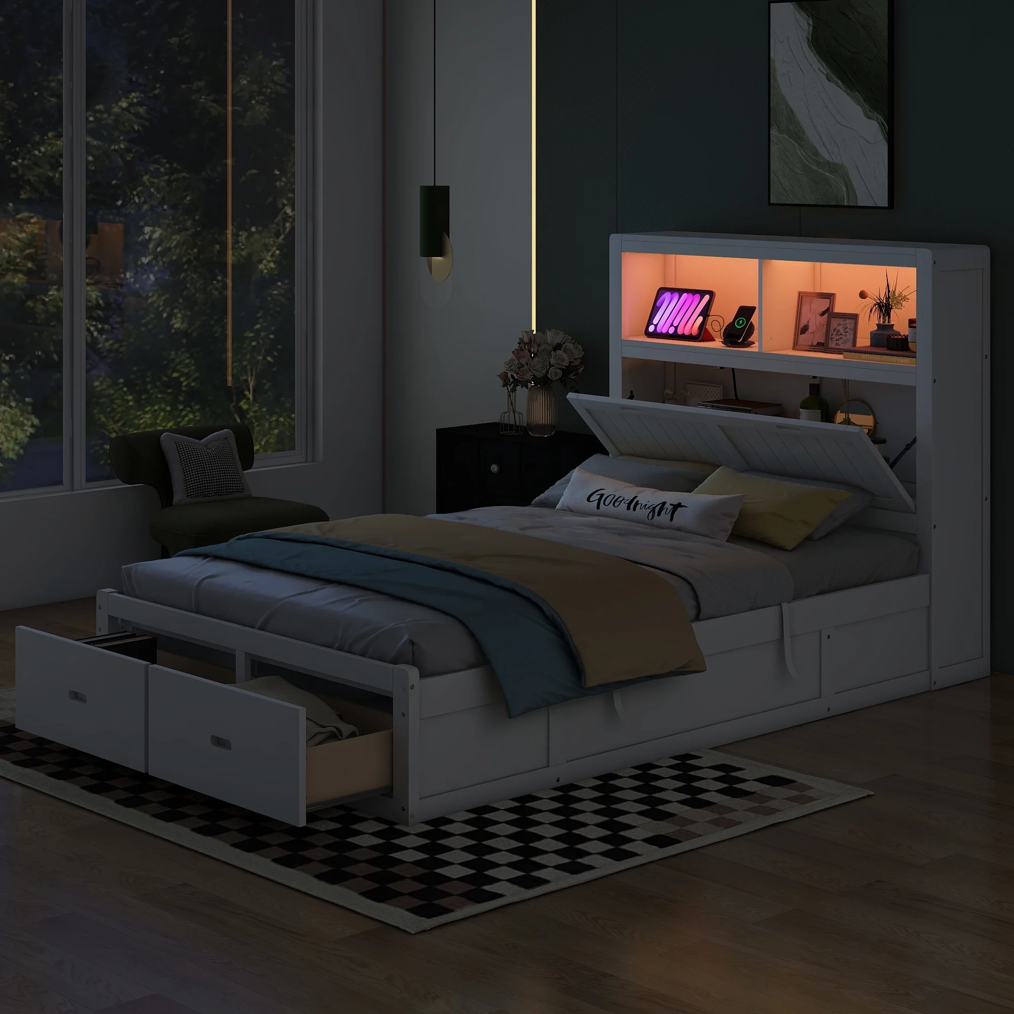 Churanty Full Size Platform Bed with Storage Shelves Headboard, Hydraulic Cabinets and 2 Drawers Underneath