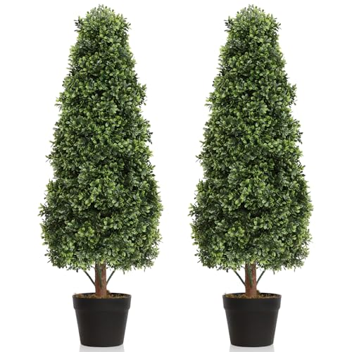 3ft Topiary Trees Artificial Topiaries Boxwood Trees Outdoor Faux Shrub 2 Packs with Black Pot