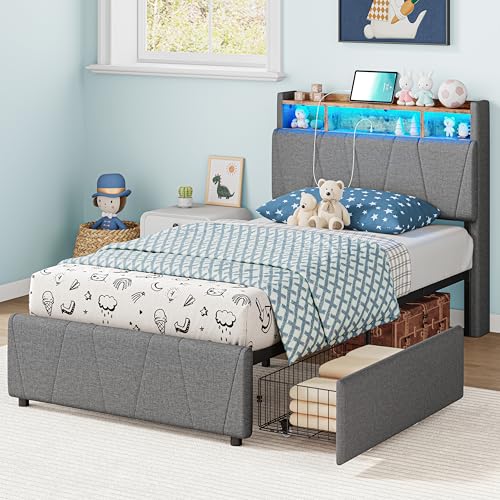 LIKIMIO Twin Bed Frame with 2 Storage Drawers, Charging Station & LED Lights, Upholstered Platform Twin Bed with Storage Headboard