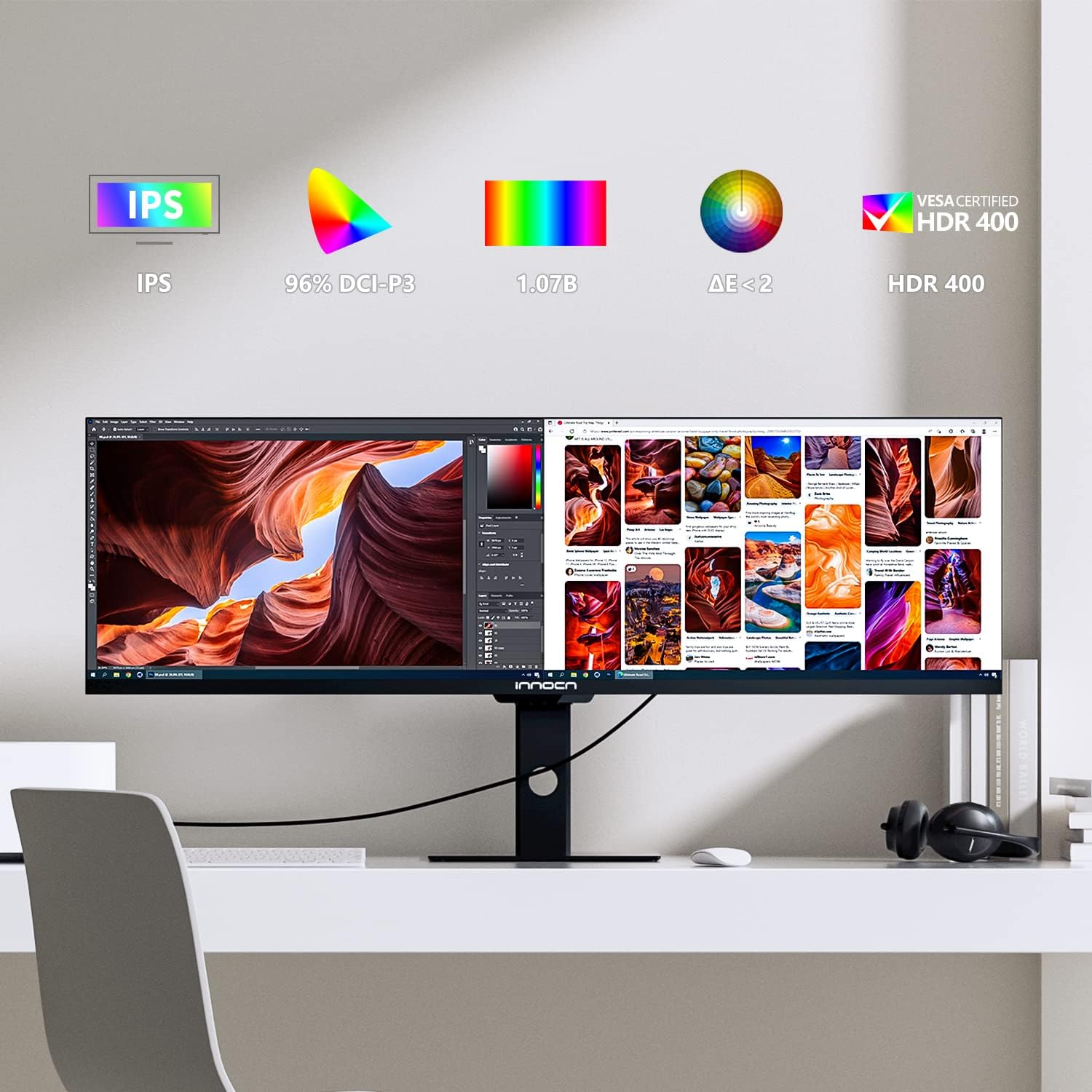 INNOCN 44C1G Ultrawide Monitor 43.8" WFHD 3840 x 1080p 120Hz Monitor 32:9 IPS Computer Split Screen Monitor 96% DCI-P3 HDR400 FreeSync Premium USB