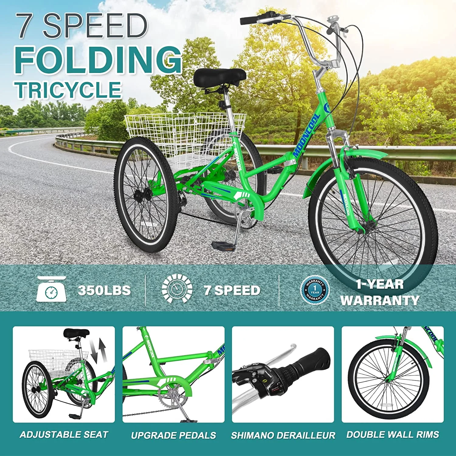MOONCOOL Adult Folding Tricycle for Adults, 7 Speed 20/24/26 inch 3 Wheels Bikes with Basket, Foldable Tricycle for Adults, Women, Men, Seniors