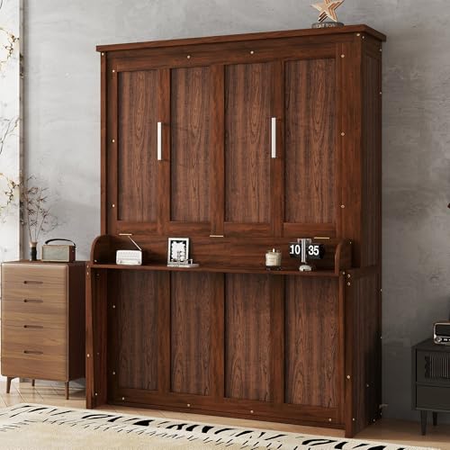 Murphy Bed Wall Bed with Desk, Wood Cabinet Murphy Bed, Space-Saving Hidden Wall Bed with Gas Struts, Walnut