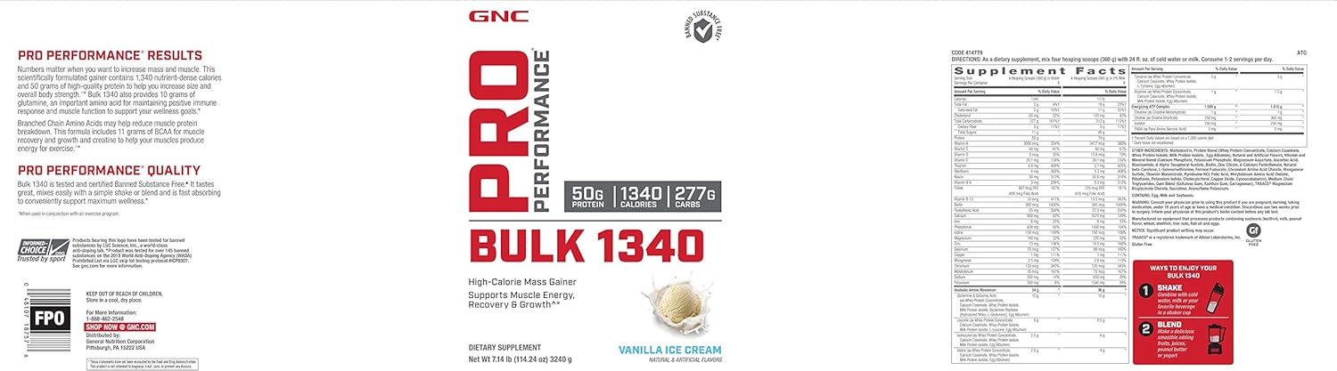 GNC Pro Performance Bulk 1340 - Vanilla Ice Cream, Twin Pack, 9 Servings per Bottle, Supports Muscle Energy, Recovery and Growth Pack of 2