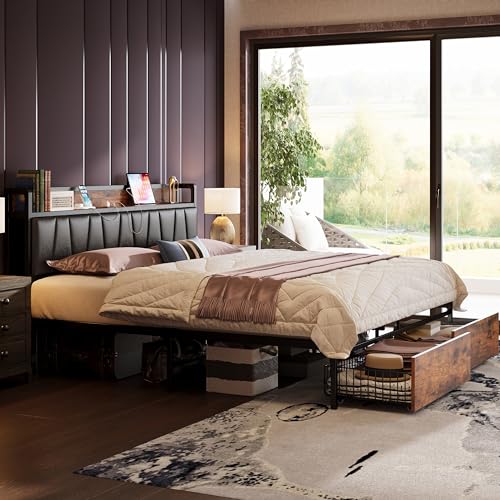 LIKIMIO Full Size Bed Frame, Storage Headboard with Charging Station, Platform Bed with Drawers, No Box Spring Needed, Easy Assembly