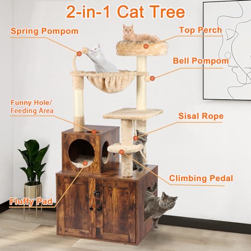 Cat Tree with Litter Box Enclosure, 2-in-1 Cat Tower for Indoor Cats, Large Wood Cat Condo with Basket, Scratching Posts, Pompoms, Rustic Brown
