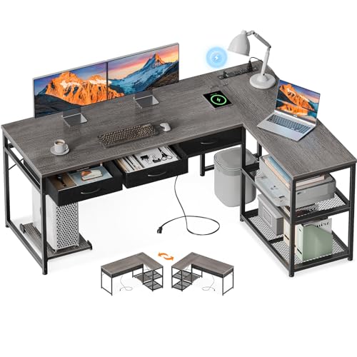 AODK 53 Inch L Shaped Computer Desk with Drawers, Corner Desk with Power Outlets & Reversible Storage Shelves