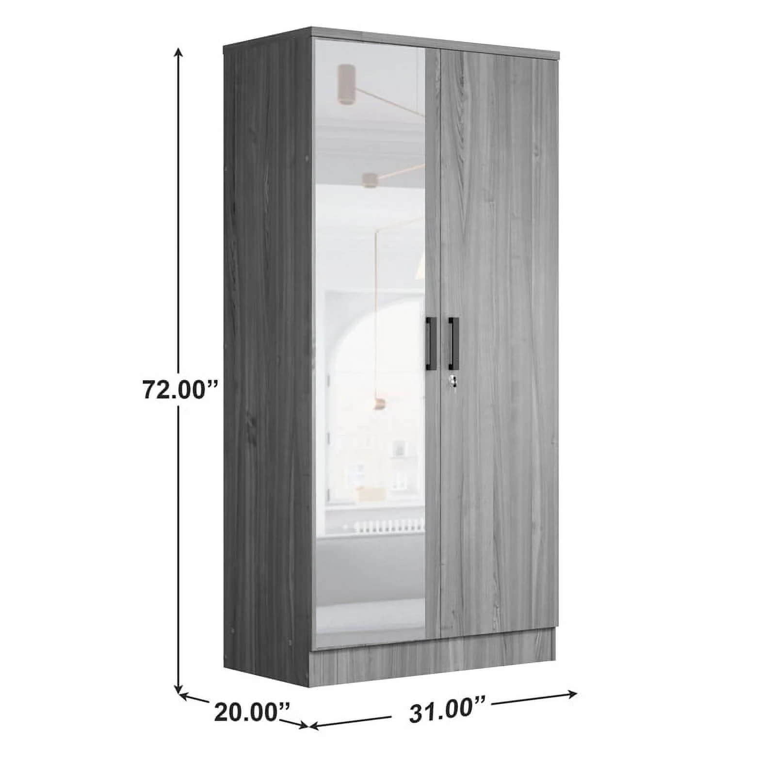 Better Home Products Harmony Two Door Armoire Wardrobe with Mirror in Gray