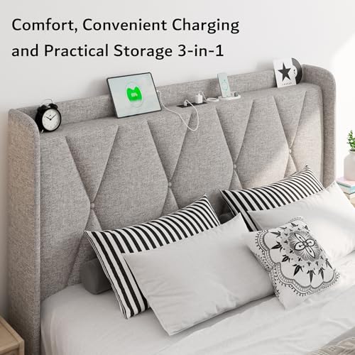 iPormis Queen Bed Frame with 4 Storage Drawers, Upholstered Platform Bed Frame with Charging Station, Modern Wingback Storage Headboard