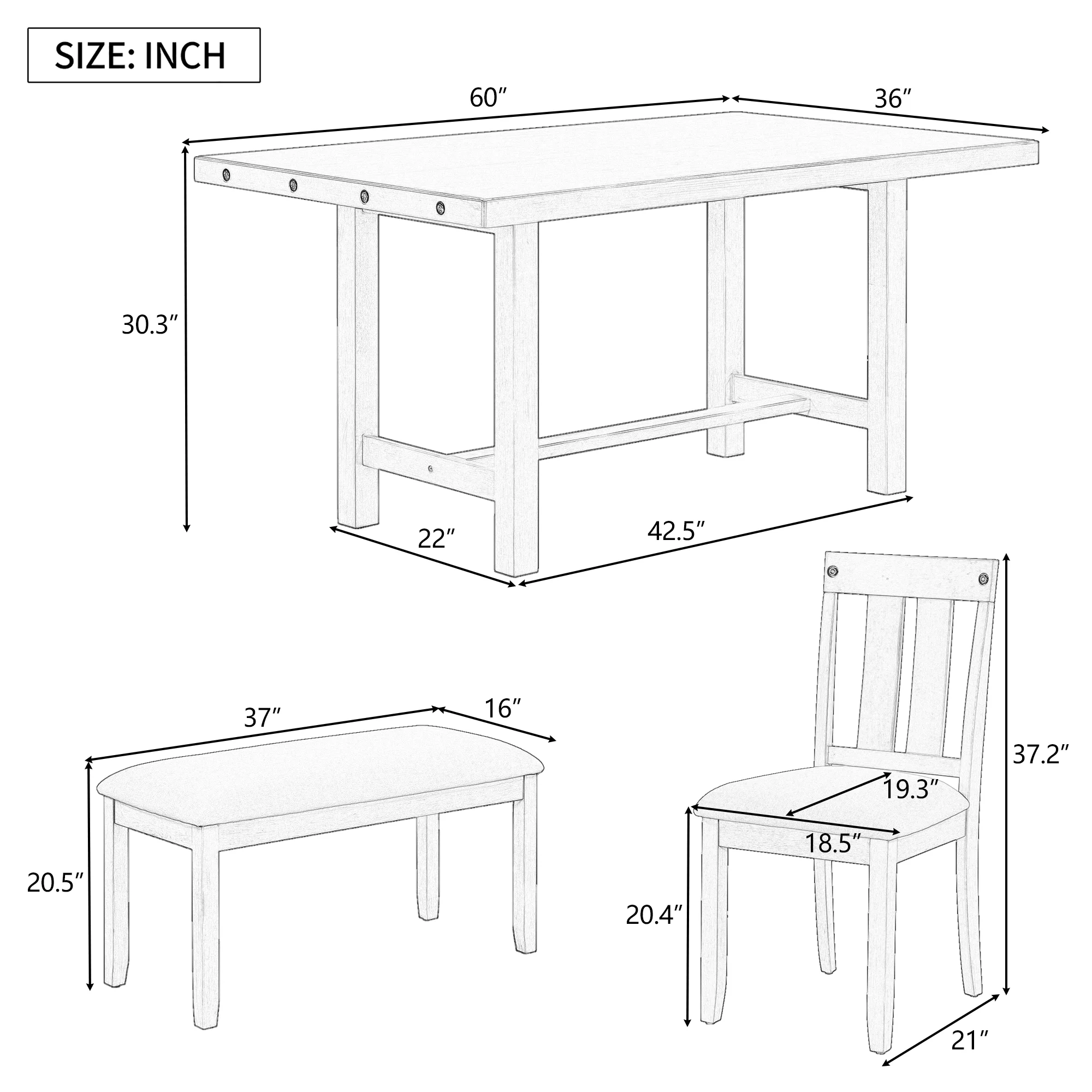Churanty Rustic Farmhouse Dining Table Set for 7 Wooden Rectangular Table and 4 Upholstered Chairs & Bench for Dining Room,Gray