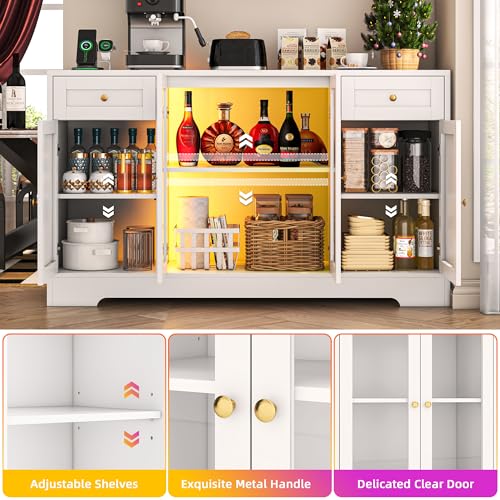 LED Coffee Bar Cabinet with Storage, 55'' Large Sideboard Buffet Cabinet, Wood Coffee Bar Buffet Table with 4 Doors and Charging Station