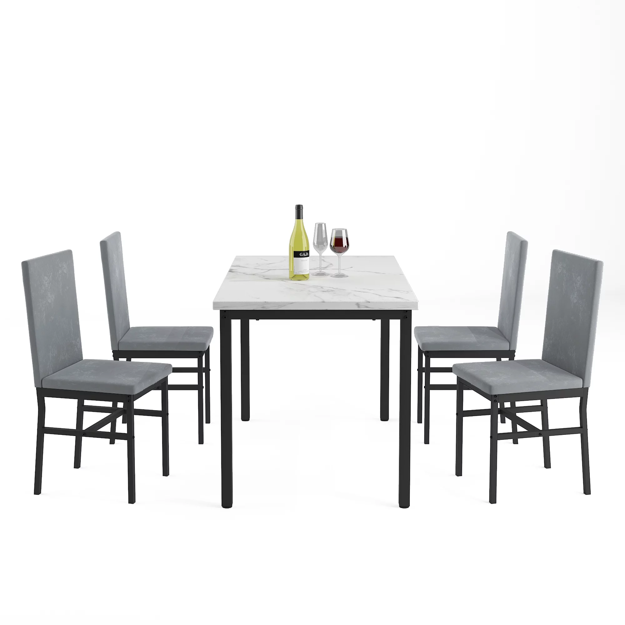 Modern Dining Set for 4, 5-Piece Dining Table and Chairs Set, 1 Table with White Marble Top, 4 Gray Velvet Chairs for Kitchen Dining Room Living Room
