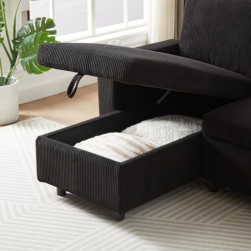 L-Shaped Pull Out Sleep Sofabed,Modern Reversible Sleeper Sectional Sofa Chenille Upholstered Button Tufted Decor with Storage Chaise