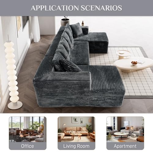 131" Modular Sectional Sofa Cloud Couch, Corduroy Memory Foam Black Sectional Couches for Living Room, Modern Deep Seat Boneless Sofa