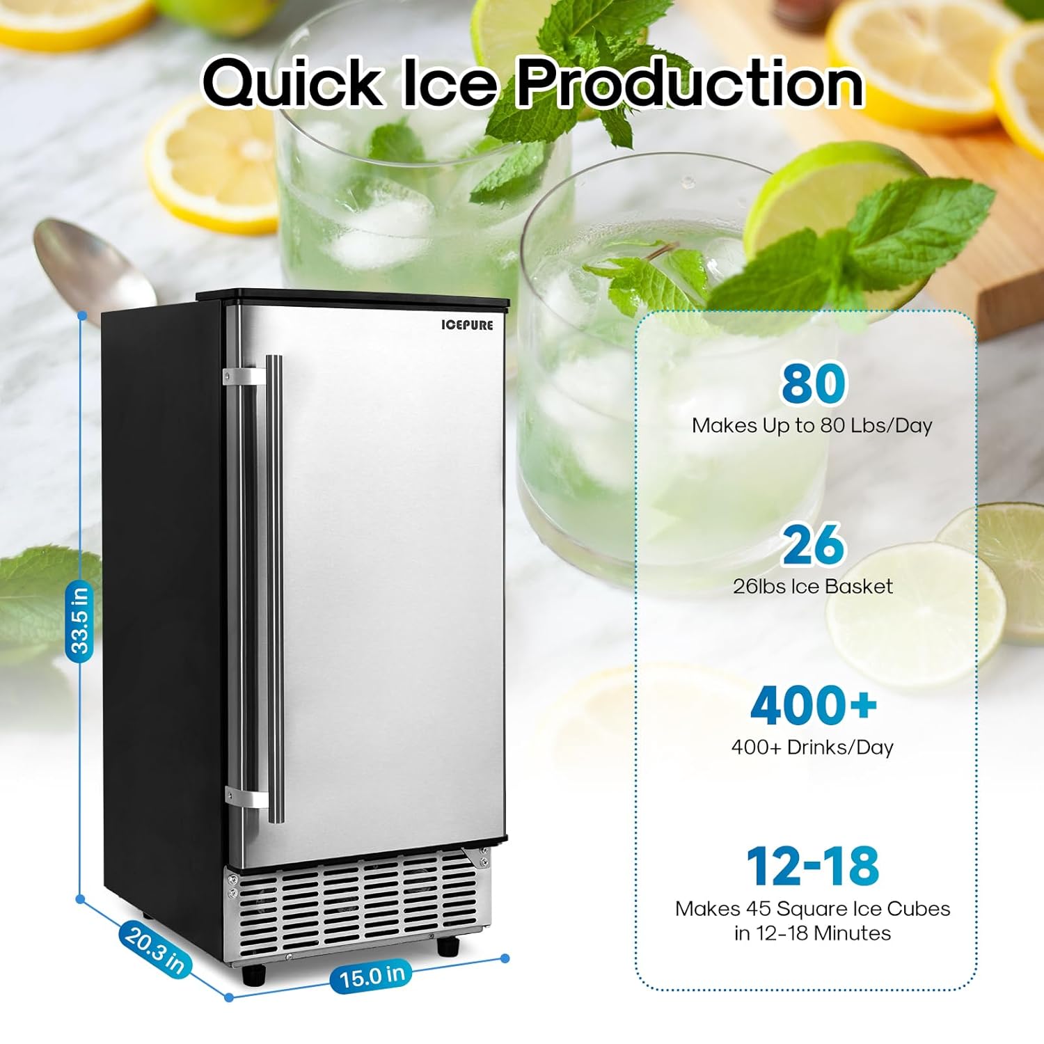 ICEPURE Commercial Ice Maker, Built in/Under Counter Ice Maker Machine with Drain Pump, 80 Lbs/24H, Auto-Cleaning, 24H Timer, 26Lbs Storage