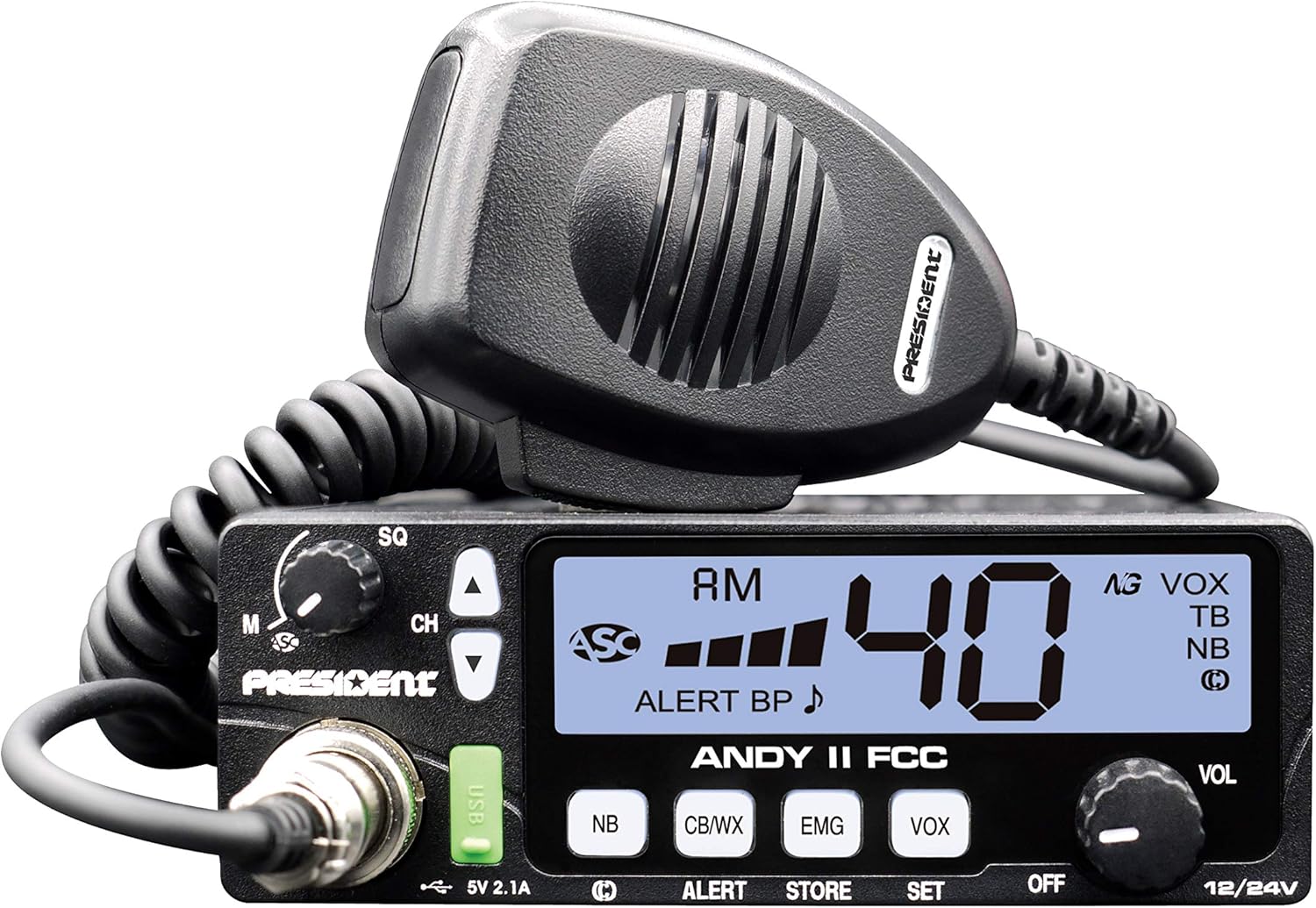 New President Andy II 12/24V FCC CB Radio with Weather Channel/Alert, Scan, USB Port, VOX and Much More!