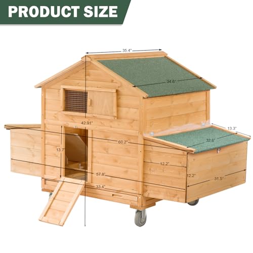 Mobile Chicken Coop with Wheels, Large Hen House with Nesting Boxes,Portable Chicken House for 4-6 Chicken,Wooden Poultry Cage,Waterproof Rabbit Cage