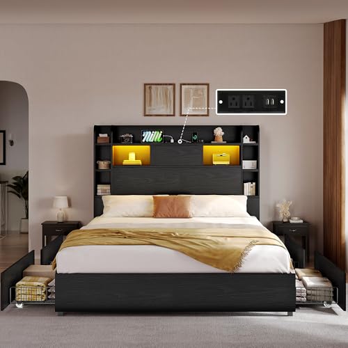 YITAHOME Queen Bed Frame with Bookcase Headboard and 4 Storage Drawers, RGB LED Bed Frame with Type-C & USB Charging Station Storage Headboard Bed